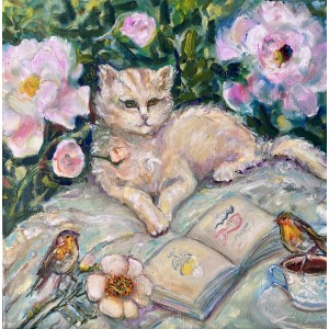 Tea, Cat and Roses - original 40 × 40 cm oil painting Tea, Cat and Roses - original 40 × 40 cm oil painting